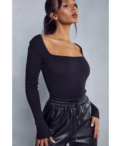MissPap Womens Premium Ribbed Square Neck Bodysuit - Black Cotton
