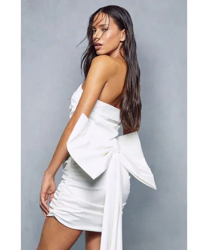 MissPap Womens Premium Satin Bow Back Ruched Bandeau Mini Dress - Ivory