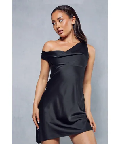 MissPap Womens Premium Satin Bust Detail Cowl Asymmetric Slip Dress - Black