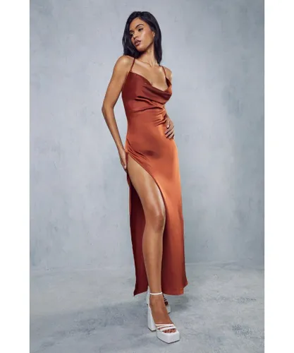 MissPap Womens Premium Satin Cowl Neck Maxi Dress - Rust