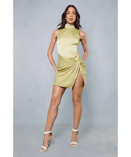 MissPap Womens Premium Satin Knot Skirt Sleeveless Mini Dress - Lime Green