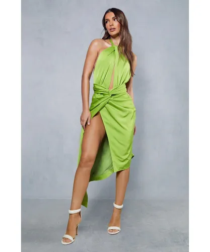 MissPap Womens Premium Satin Twist Detail Halterneck Midi Dress - Lime Green