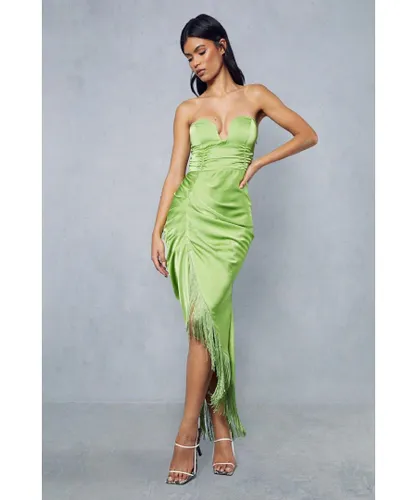 MissPap Womens Premium Satin V Bar Tassle Hem Draped Midi Dress - Lime Green