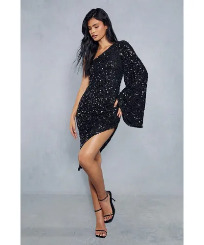 MissPap Womens Premium Sequin Flare Sleeve Ruched Asymmetric Midi Dress - Black