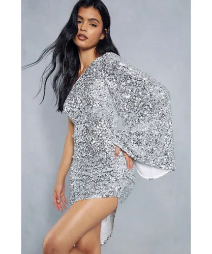 MissPap Womens Premium Sequin Flare Sleeve Ruched Asymmetric Midi Dress - Silver