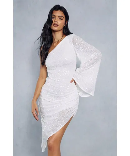 MissPap Womens Premium Sequin Flare Sleeve Ruched Asymmetric Midi Dress - White
