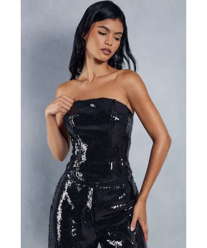 MissPap Womens Premium Sequin Structured Corset Top - Black