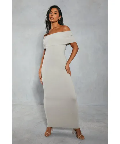 MissPap Womens Premium Soft Knit Folded Bardot Maxi Dress - Grey Viscose
