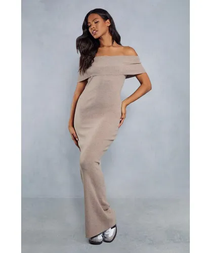 MissPap Womens Premium Soft Knit Folded Bardot Maxi Dress - Stone Viscose