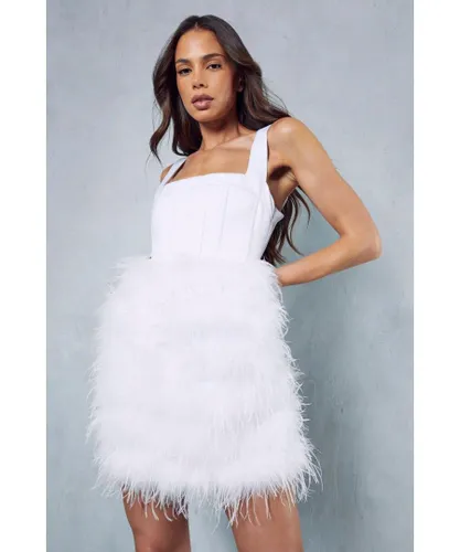 MissPap Womens Premium Square Neck Corset Feather Skirt Mini Dress - White