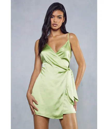 MissPap Womens Premium Textured Satin Wrap Mini Dress - Lime Green