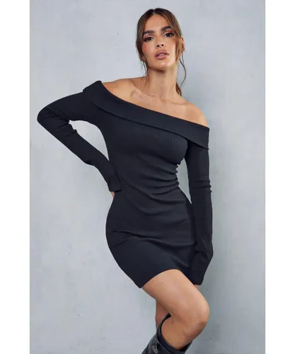MissPap Womens Rib Off The Shoulder Long Sleeve Mini Dress - Black Cotton