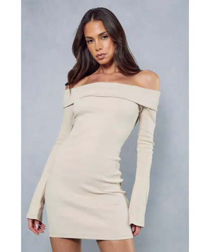 MissPap Womens Rib Off The Shoulder Long Sleeve Mini Dress - Stone Cotton