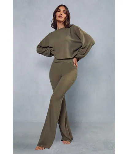 MissPap Womens Ribbed Boxy Long Sleeve Wide Leg Lounge Set - Khaki