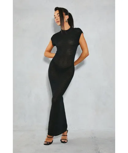 MissPap Womens Ribbed Sheer Knit High Neck Maxi Dress - Black
