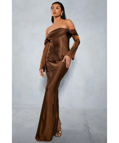 MissPap Womens Satin Bardot Flared Sleeve Maxi Dress - Chocolate