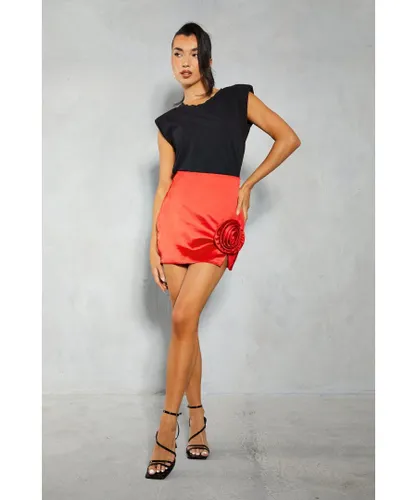 MissPap Womens Satin Corsage Split Mini Skirt - Red