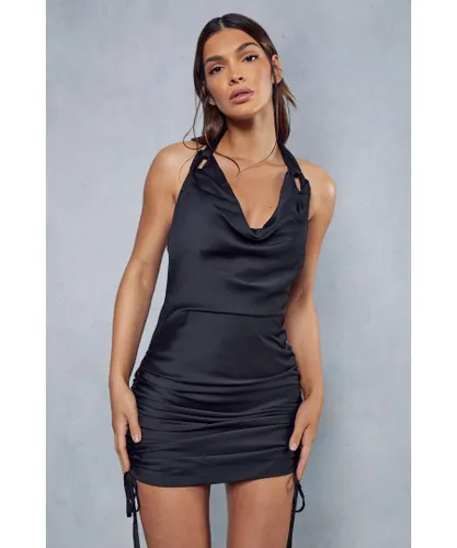 MissPap Womens Satin Cowl Neck Twist Strap Ruched Mini Dress - Black