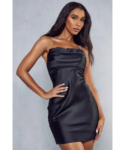 MissPap Womens Satin Diamante Strap Drape Neck Slip Dress - Black
