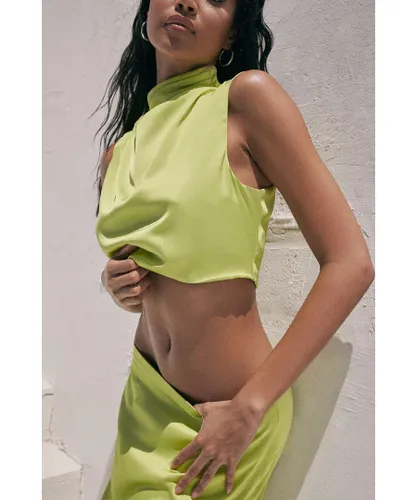 MissPap Womens Satin High Neck Draped Top - Lime Green