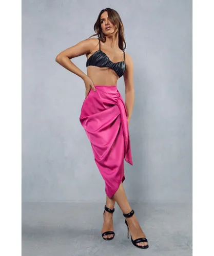 MissPap Womens Satin High Waisted Wrap Midi Skirt - Pink