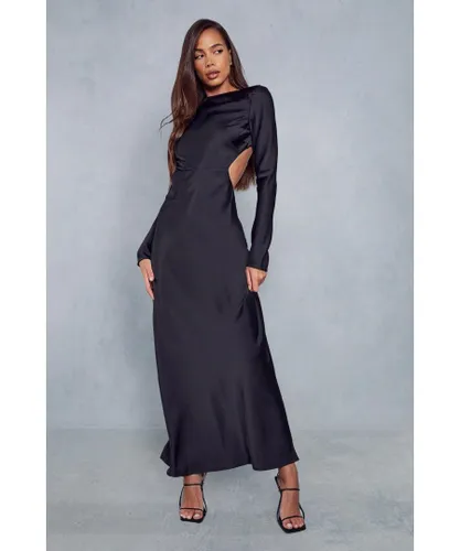 MissPap Womens Satin Long Sleeve Backless Slash Neck Maxi Dress - Black