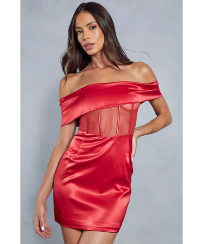 MissPap Womens Satin Mesh Insert Corseted Bardot Bodycon Mini Dress - Red