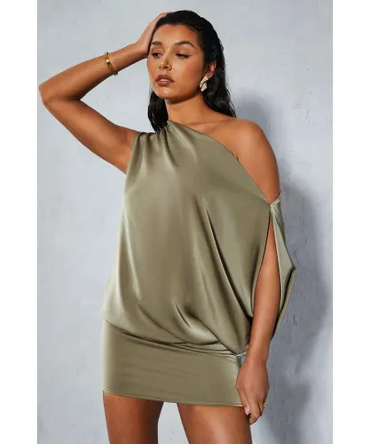 MissPap Womens Satin Off Shoulder Asymmetric Bodycon Mini Dress - Khaki Polyamide