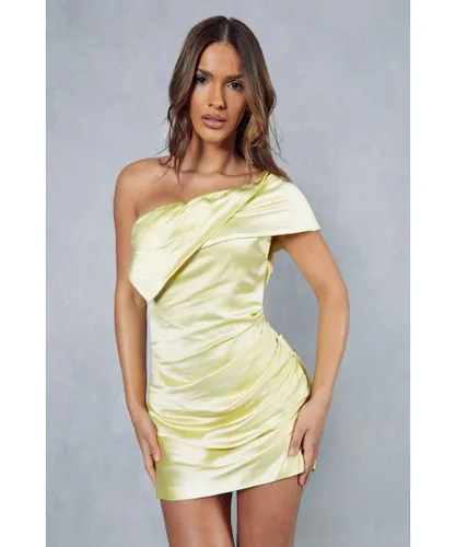 MissPap Womens Satin One Shoulder Ruched Mini Dress - Lime Green