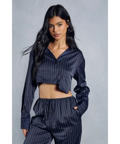 MissPap Womens Satin Pinstripe Cropped Pocket Detail Shirt - Navy