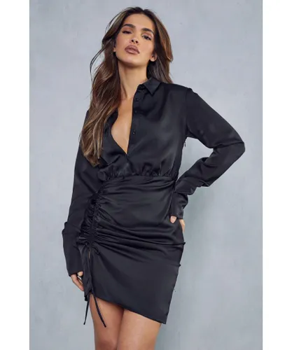 MissPap Womens Satin Ruched Side Shirt Dress - Black