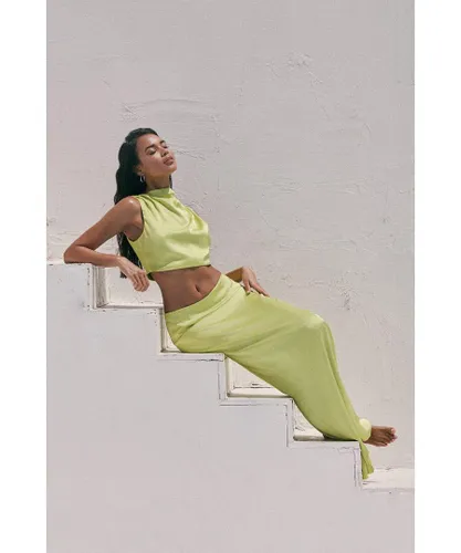 MissPap Womens Satin Split Back Maxi Skirt - Lime Green