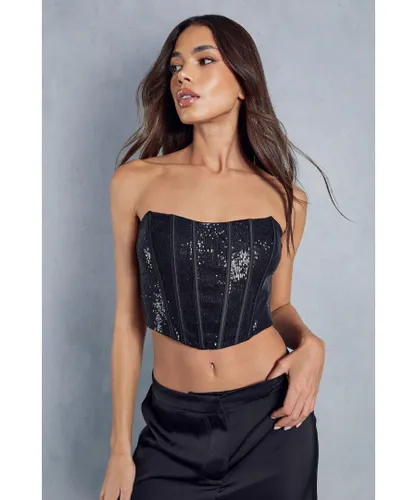 MissPap Womens Sequin Boned Shaped Corset Top - Black