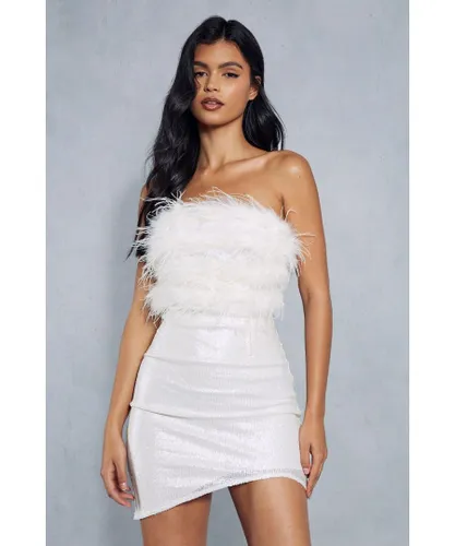 MissPap Womens Sequin Feather Trim Bandeau Shaped Hem Mini Dress - White