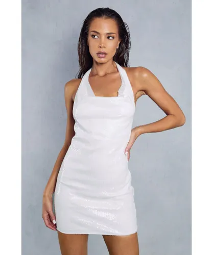 MissPap Womens Sequin Halterneck Backless Bodycon Mini Dress - White