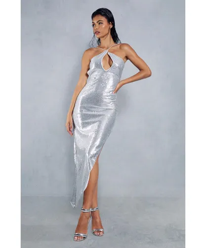 MissPap Womens Sequin Strap Detail Backless Asymmetric Midi Dress - Silver