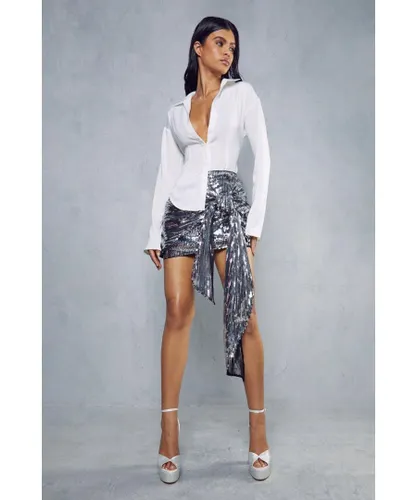 MissPap Womens Sequin Wrap Tie Mini Skirt - Silver
