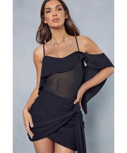 MissPap Womens Sheer Frill Detail Bodysuit - Black