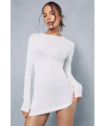 MissPap Womens Sheer Jersey Long Sleeve Mini Dress - White