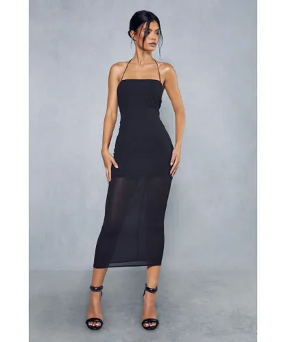 MissPap Womens Sheer Overlay Strappy Halterneck Tie Back Midaxi Dress - Black