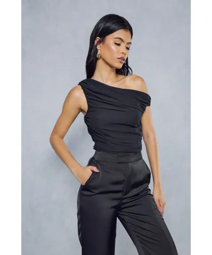 MissPap Womens Sheer Ruched One Shoulder Bodysuit - Black
