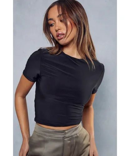 MissPap Womens Slinky Double Layer Short Sleeve Top - Black