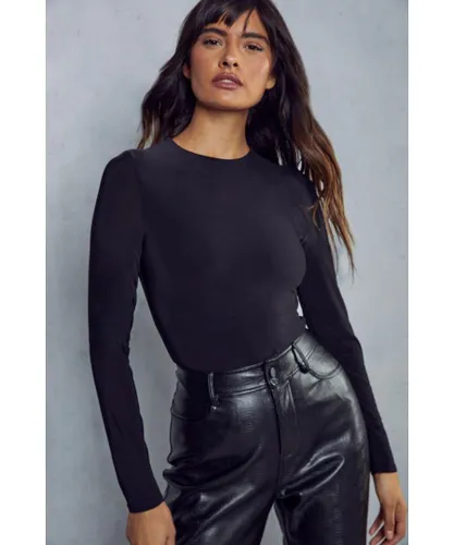 MissPap Womens Super Soft Double Layer Long Sleeve Bodysuit - Black