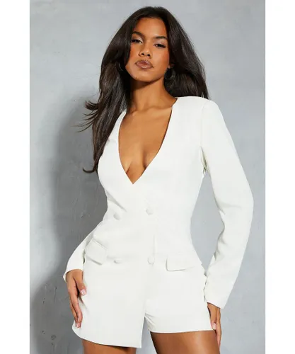 MissPap Womens Tailored Double Breasted Boxy Blazer Playsuit - White
