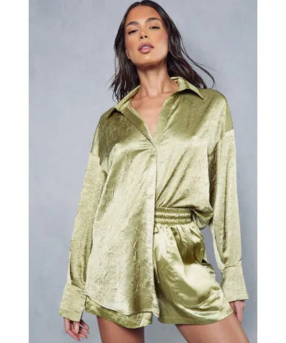 MissPap Womens Textured Crinkle Satin Oversized Shirt - Olive