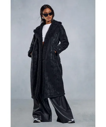 MissPap Womens Textured Faux Suede Borg Lined Longline Coat - Black