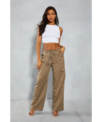 MissPap Womens Tie Waist Pocket Relaxed Cargo Trousers - Taupe