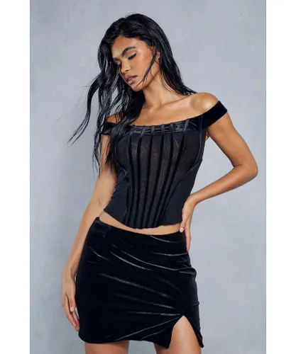 MissPap Womens Velvet Split Hem Skirt - Black