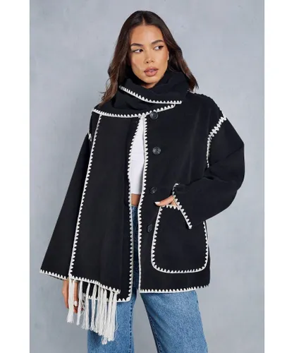 MissPap Womens Wool Look Stitch Detail Scarf Coat - Black