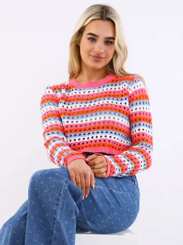 Missy Empire Pink / Blue Stripe Crochet Crop Top